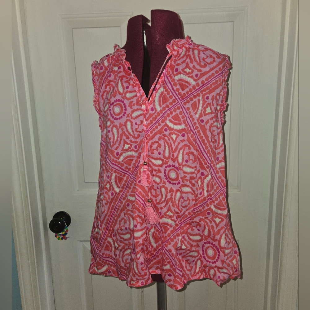 Vineyard Vines Pink White Printed Patterned Tank Gold Tassel Accents Medium